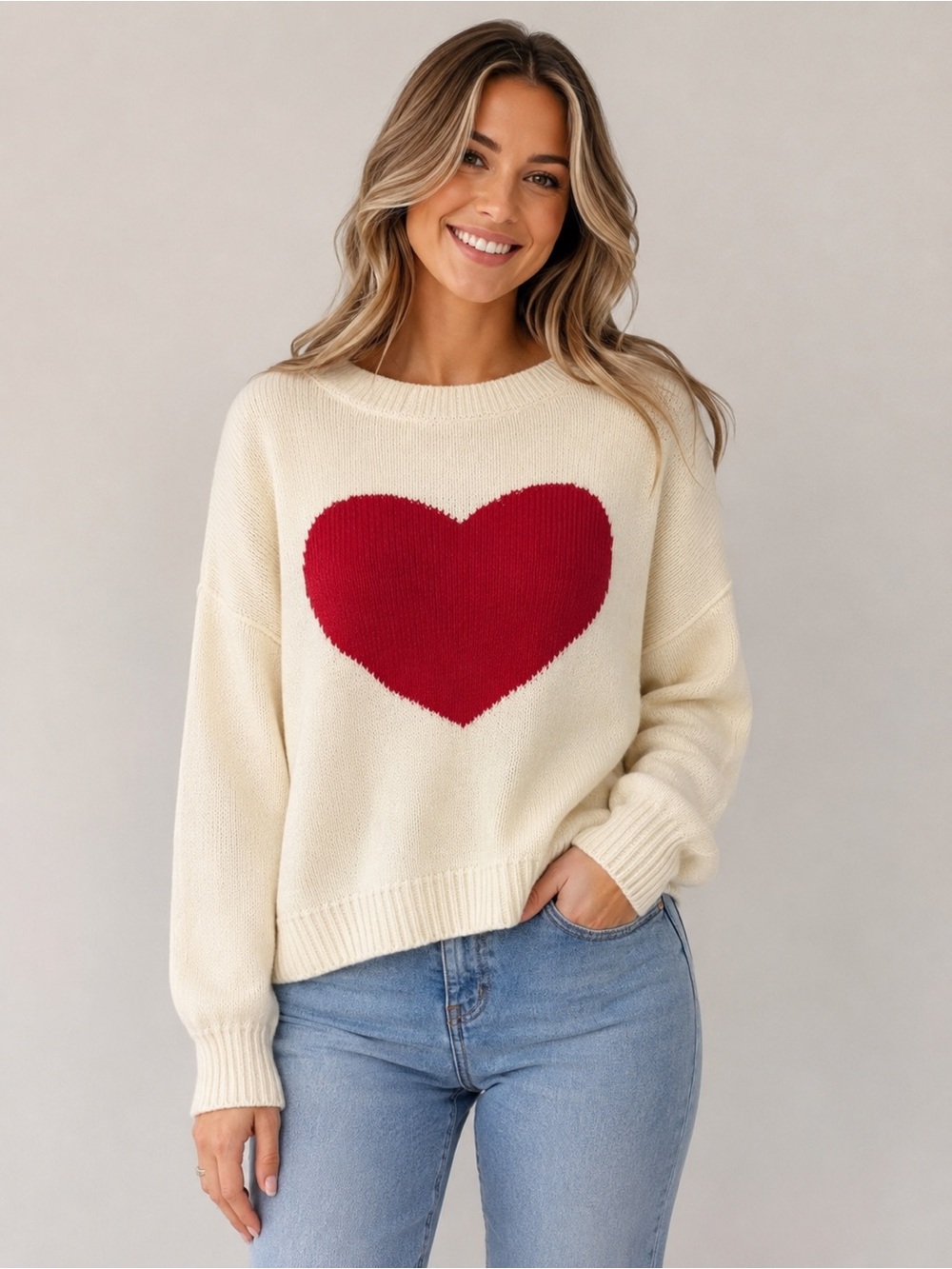 NWT Blu Pepper Cream Knit Sweater with Red Heart Graphic | Size Large